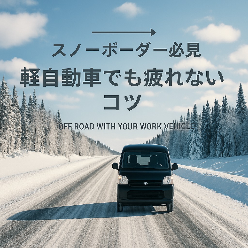 雪道の右車線を黒いスズキ・エブリィが手前に向かってくる様子。スノーボーダー向け”軽自動車でも疲れないコツ”と書かれたブログ用アイキャッチ画像
