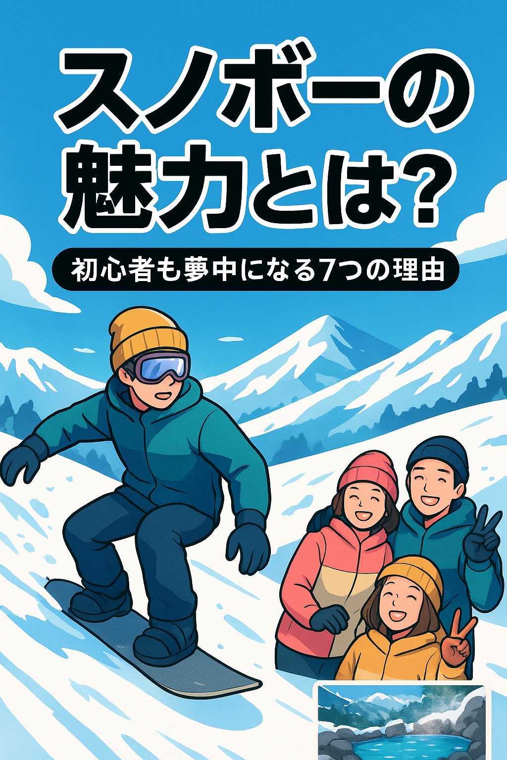 雪山を背景に、スノーボードを滑る男性と、笑顔でピースする家族が描かれたアニメ風イラスト。「スノボーの魅力とは？初心者にも夢中になる7つの理由」というタイトル文字入りで、冬の楽しさやワクワク感を伝えるデザイン