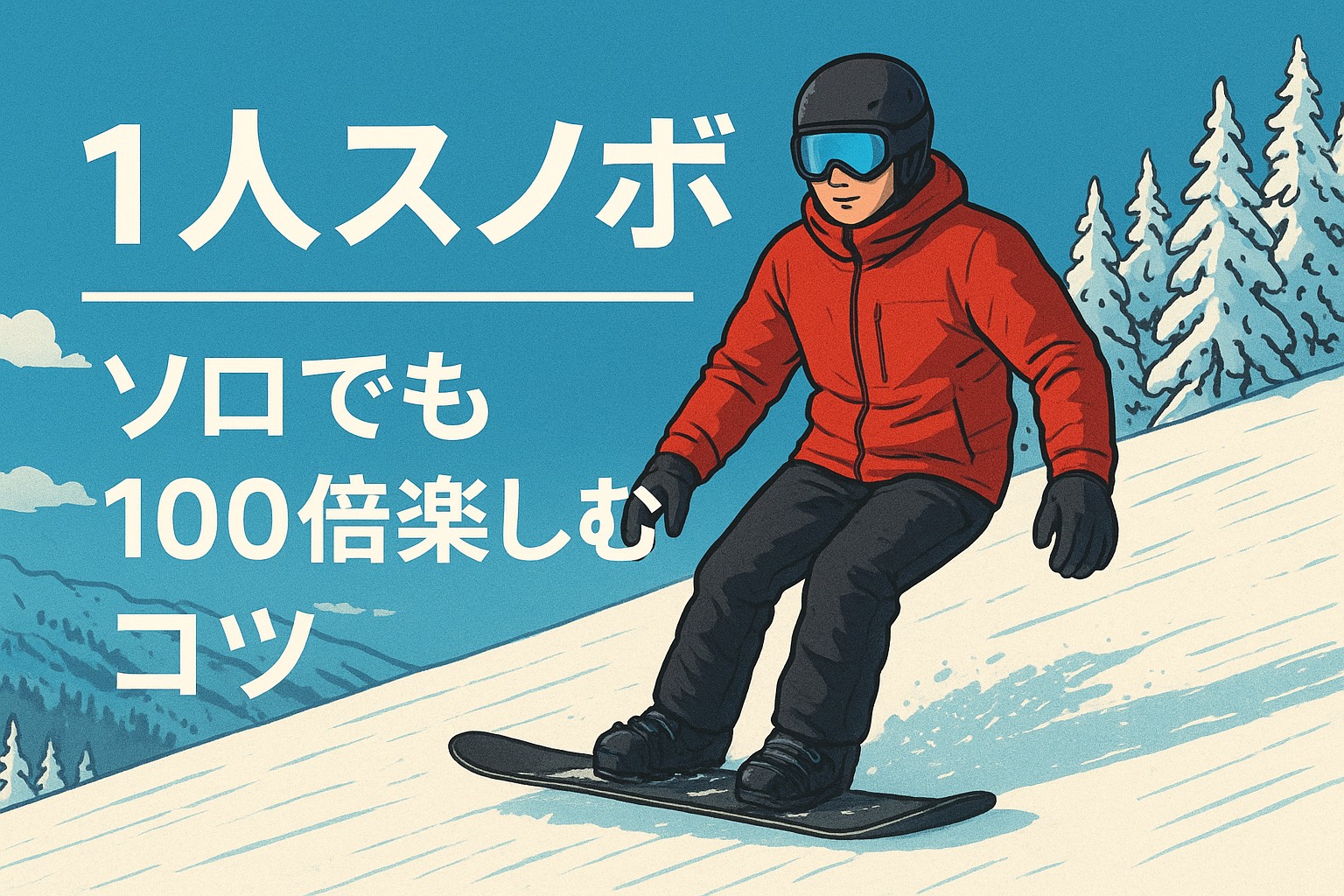 赤いジャケットを着たスノーボーダーが雪山を滑走しているイラスト。「1人スノボ　ソロでも100倍楽しむコツ」という文字入りのブログ用アイキャッチ