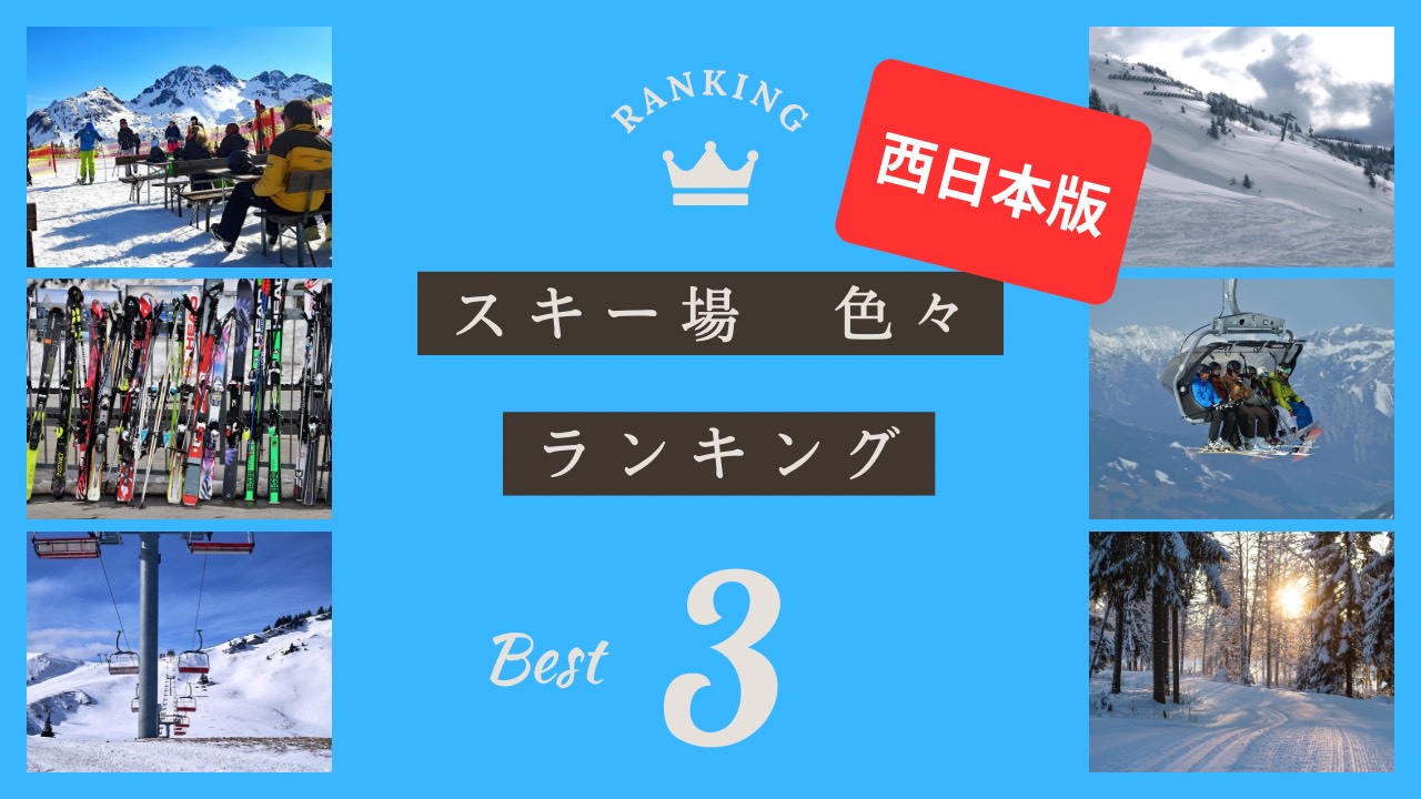 西日本スキー場ランキングBest3を紹介するデザイン画像。雪山やリフト、スキー板、ゲレンデの写真が並び、中央に『スキー場色々ランキング』と書かれている。青い背景に『西日本版』と赤いラベル付き。