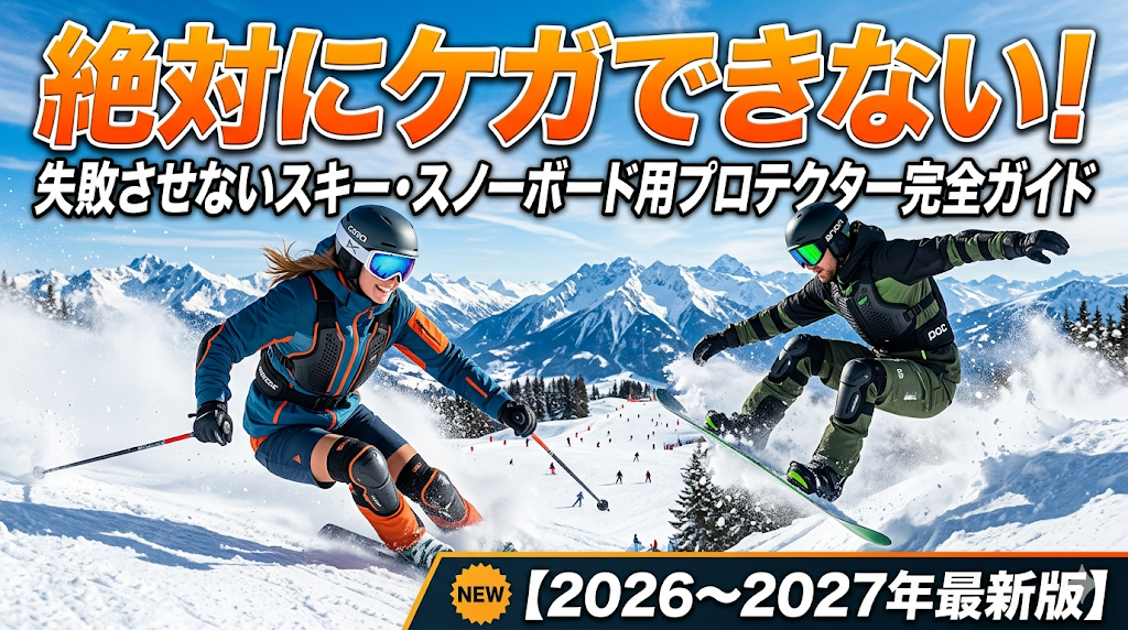 壮大な雪山を背景に、最新のプロテクターを装着して滑走する女性スキーヤーとジャンプする男性スノーボーダーの画像。上部には「絶対にケガできない！」という大きなオレンジ色の文字と「失敗させないスキー・スノーボード用プロテクター完全ガイド」というテキストがあり、下部には「NEW 【2026～2027年最新版】」というラベルが配置された、インパクトのある記事用アイキャッチ画像。