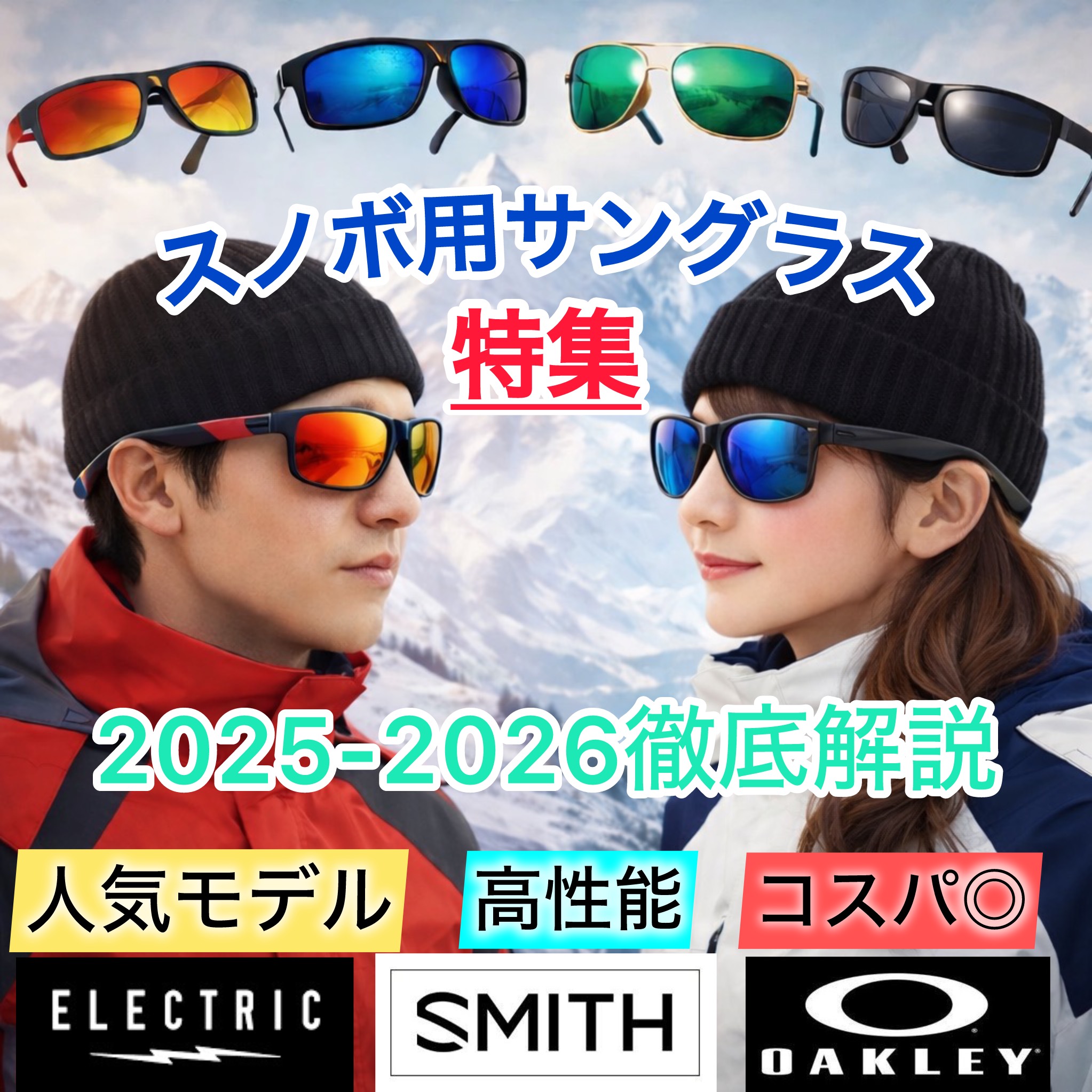 2025‐026年版のスノーボード用サングラス特集アイキャッチ画像。雪山でサングラスを着用した男女スノーボーダーと、ELECTRIC・SMITH・オークリーの人気モデルを紹介。