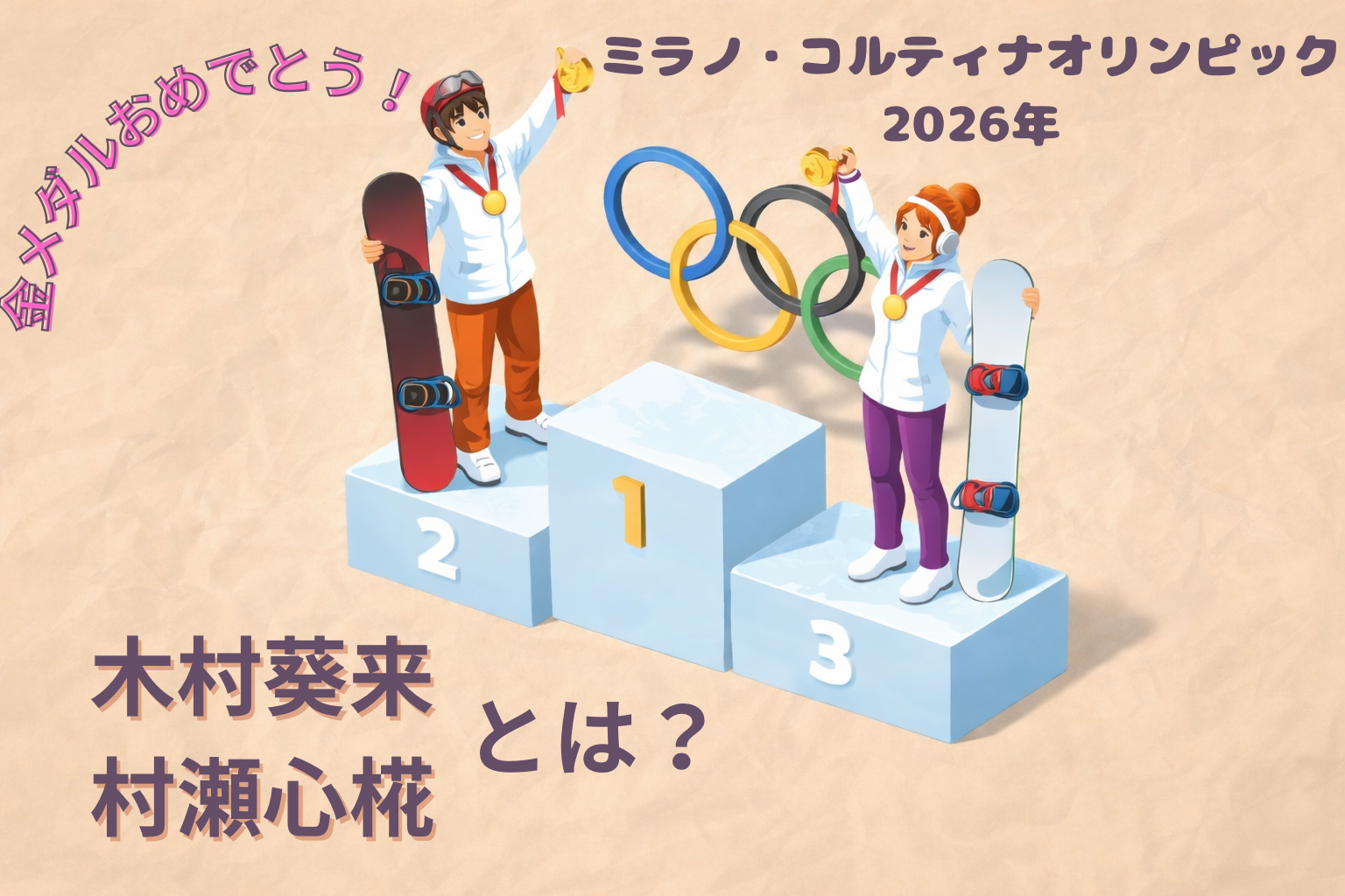 ミラノ・コルチナオリンピック2026年。スノーボード・ビッグエアで金メダルを獲得した木村葵来と村瀬心椛のイラストのアイキャッチ画像。