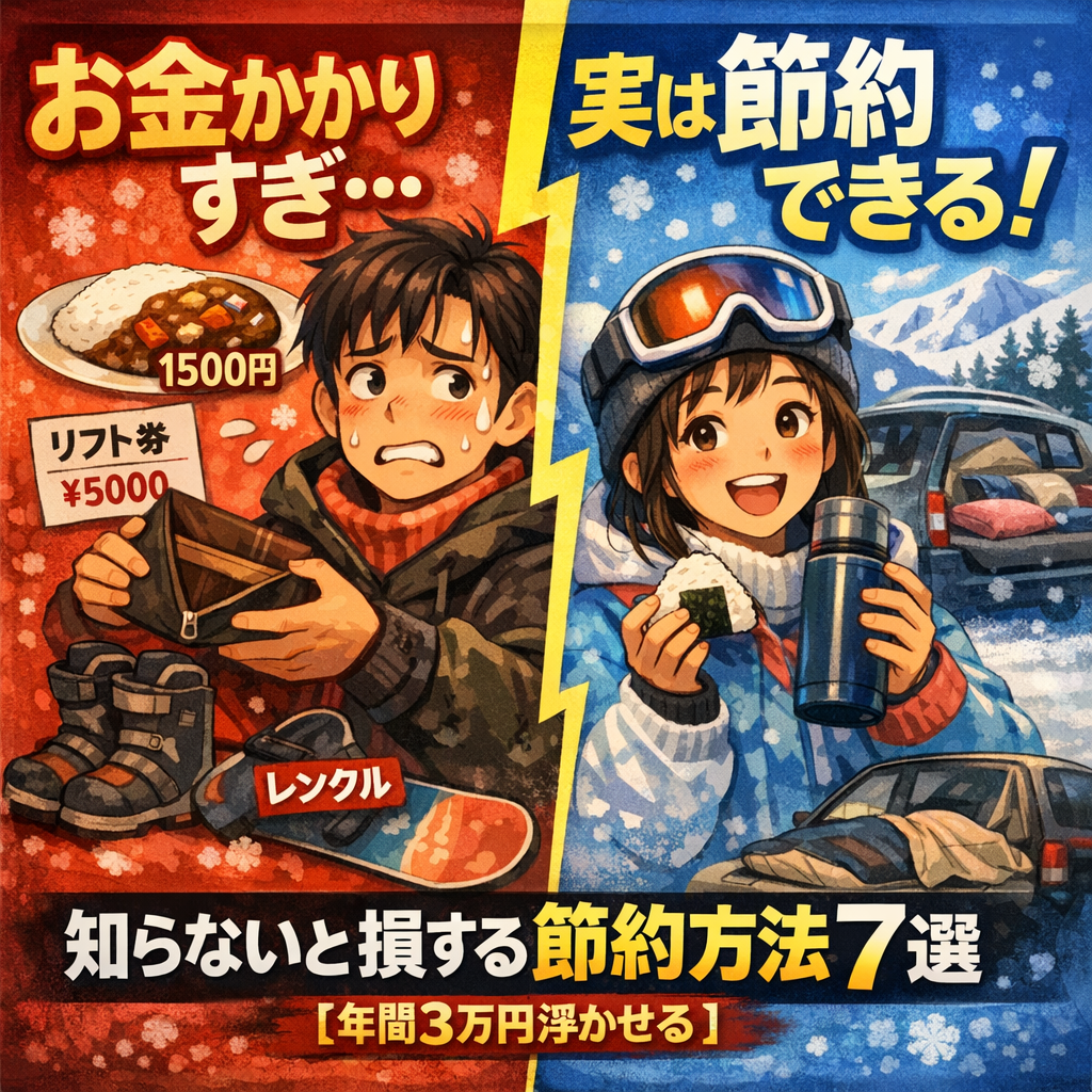 スノボはお金がかかる？節約方法7選を紹介する比較アイキャッチ(リフト券や食費の節約・車中泊)