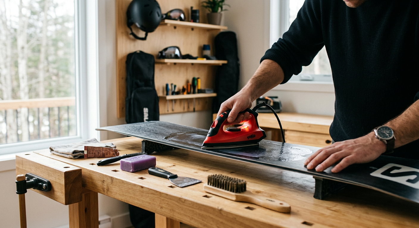 室内でスノーボードの板にホットワックスをかけている男性、作業台の上にアイロン・ワックス・スクレーパー・ブラシが並ぶ