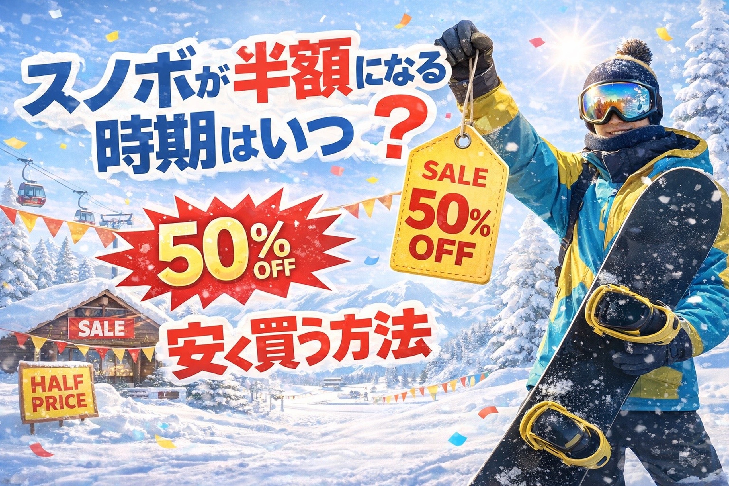 スノーボードが半額になる時期と安く買う方法を解説するアイキャッチ。