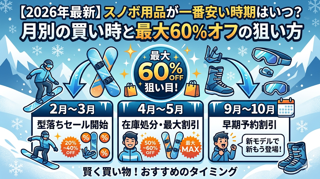 スノーボード用品の安い時期を解説するインフォグラフィック画像。「2026年最新 スノボ用品が一番安い時期はいつ？月別の買い時と最大60%オフの狙い方」というタイトル。2月〜3月は型落ちセール（20〜40%OFF）、4月〜5月は在庫処分（50〜60%OFF）、9月〜10月は早期予約割引という3つの主要なタイミングを、イラストと共に分かりやすくまとめたデザイン。