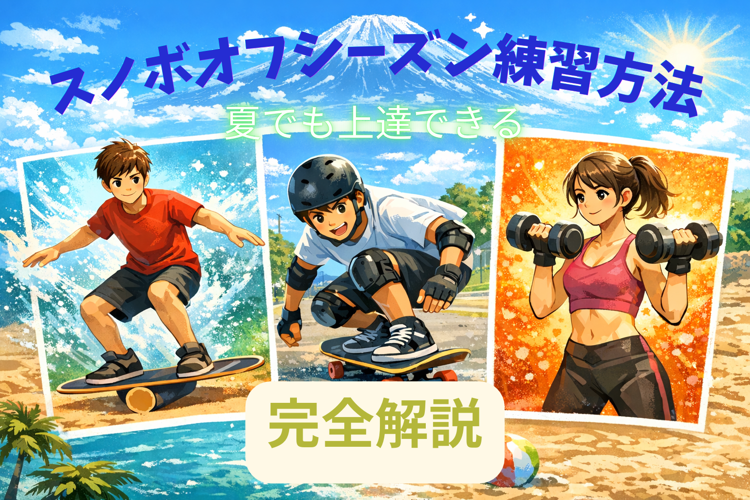 スノボオフシーズンの練習方法を紹介するアイキャッチ画像。バランスボード・筋トレ・スケボーで夏でも上達できる内容。