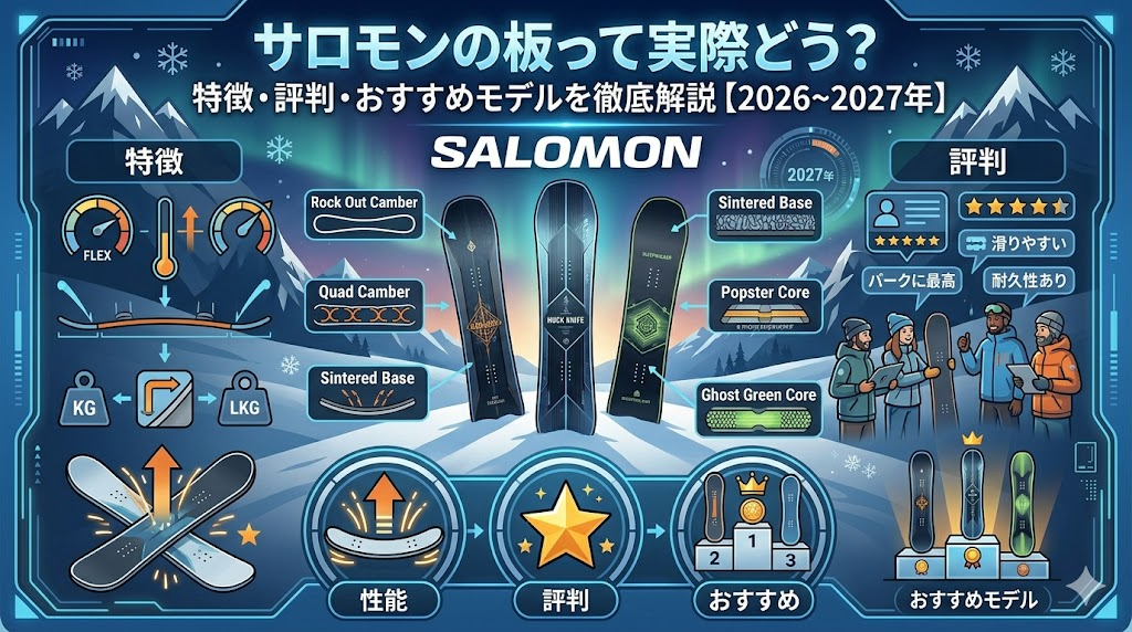 サロモンスノーボードの特徴とテクノロジー解説図。ロックアウトキャンバー、クアッドキャンバー、シンタードベースの仕組みと、パーク・オールマウンテンでの性能評価。2026-2027年版のおすすめモデル比較。