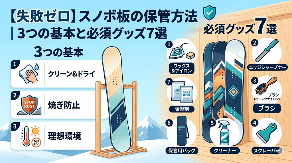 スノボ板の保管の仕方を説明するアイキャッチ画像