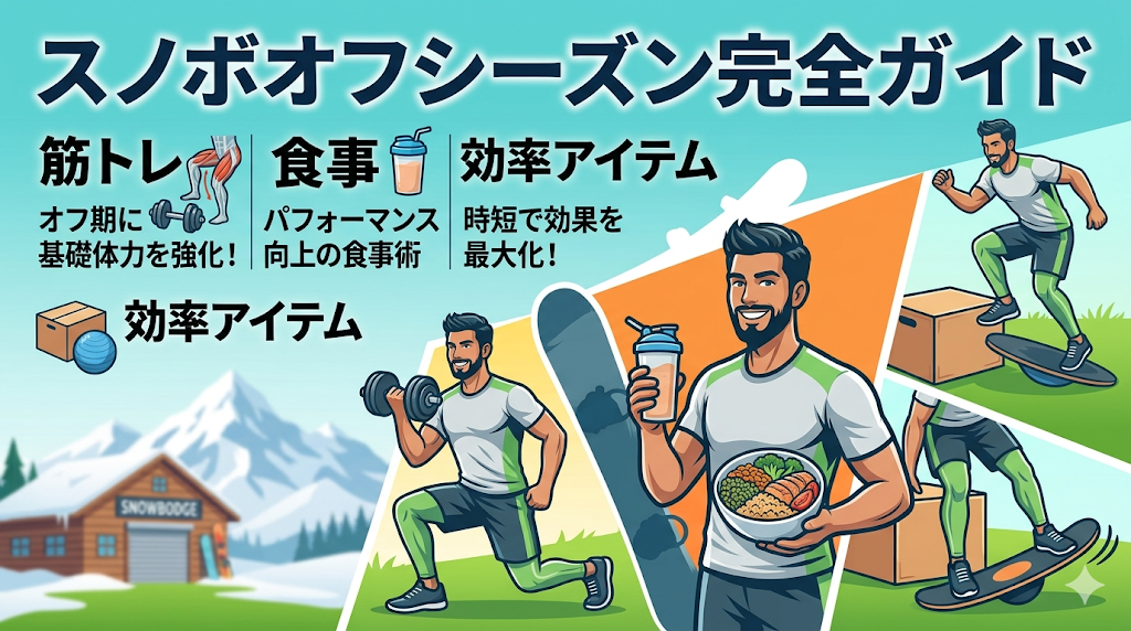 スノーボードのオフシーズン対策を解説したブログ用アイキャッチ画像。「スノボオフシーズン完全ガイド」のタイトルと、筋トレ（ランジ）、食事（プロテインと健康食）、効率アイテム（バランスボード）に取り組む男性のイラスト。背景には雪山とロッジが描かれている。