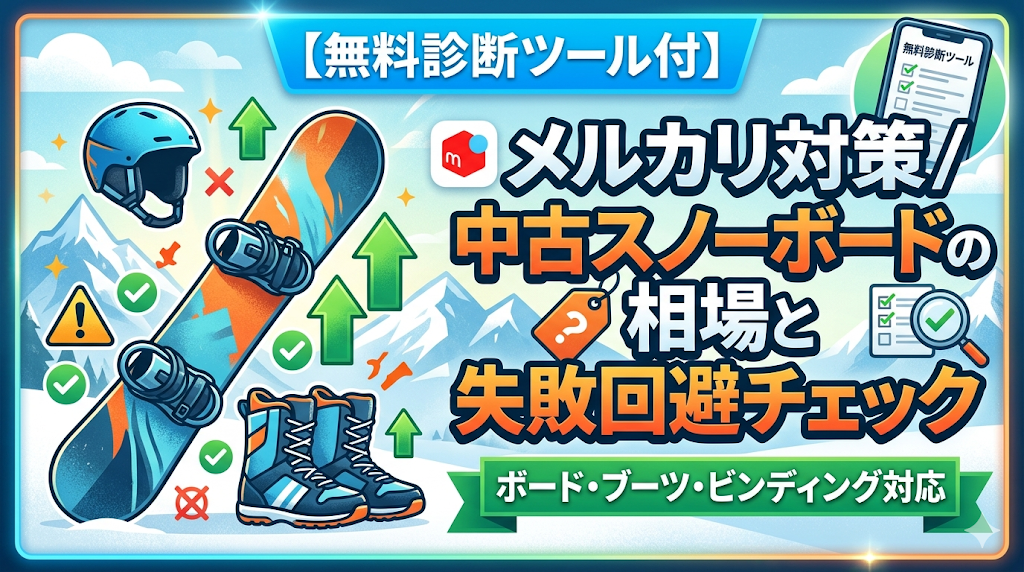 「【無料診断ツール付】メルカリ対策/中古スノーボードの相場と失敗回避チェック」のアイキャッチ画像。雪山を背景に、スノーボード・ブーツ・ビンディングのイラストとチェックリストが表示されている。